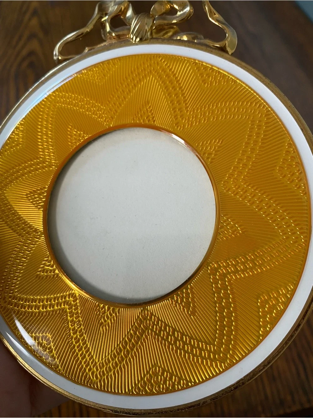 Vintage MMA- HM Guilloche Gold Yellow Enamel Photo Frame Round Brass Bow